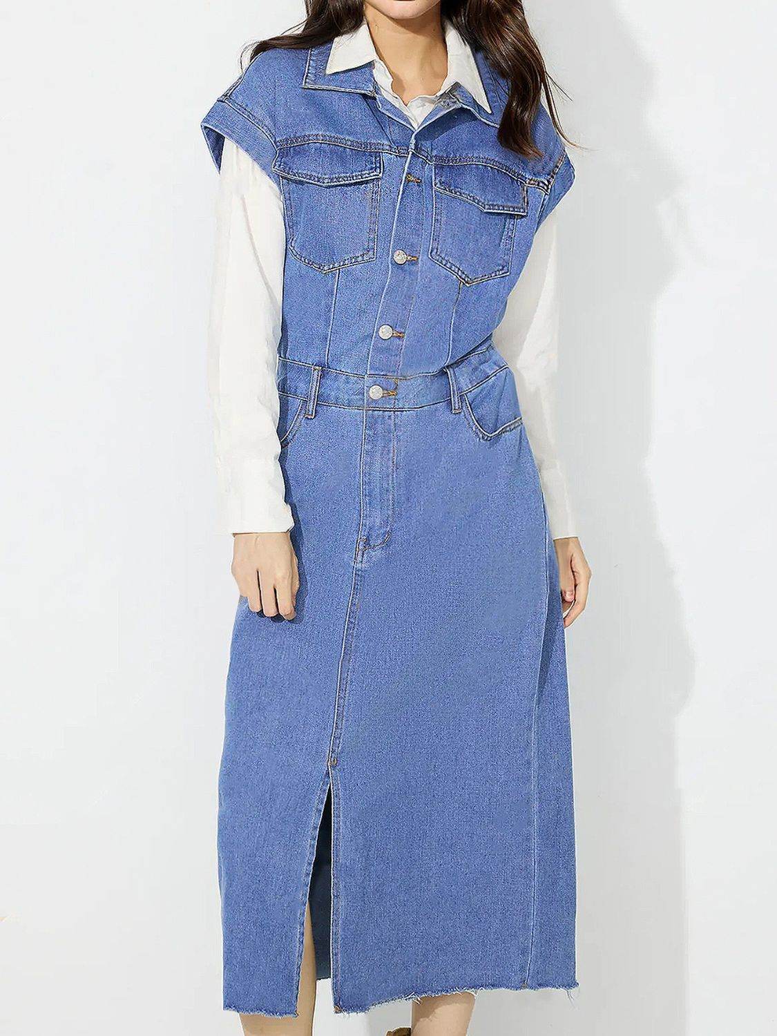 Slit Half Button Collared Neck Cap Sleeve Denim Dress - Hovatok