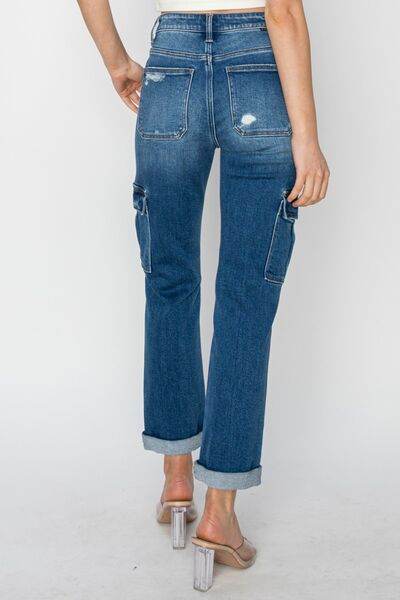 RISEN Full Size High Rise Cargo Ankle Roll Up Straight Jeans - Hovatok