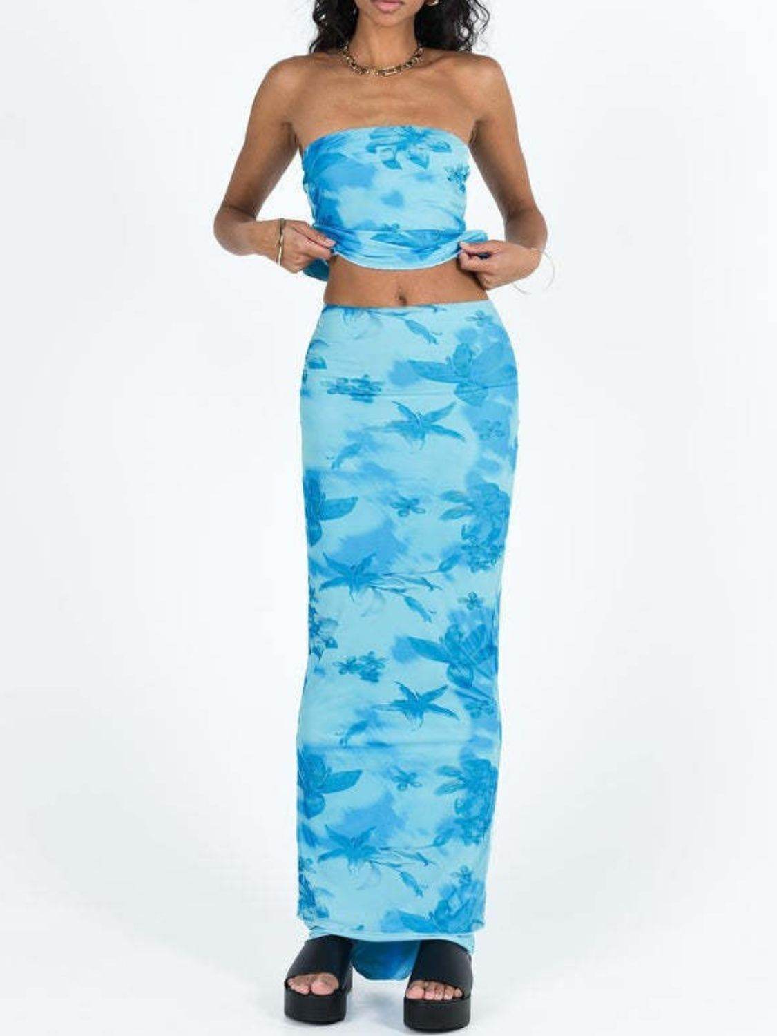 Printed Tube Top and Maxi Skirt Set - Hovatok