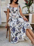 Devine Smocked Printed Short Sleeve Maxi Dress - Hovatok