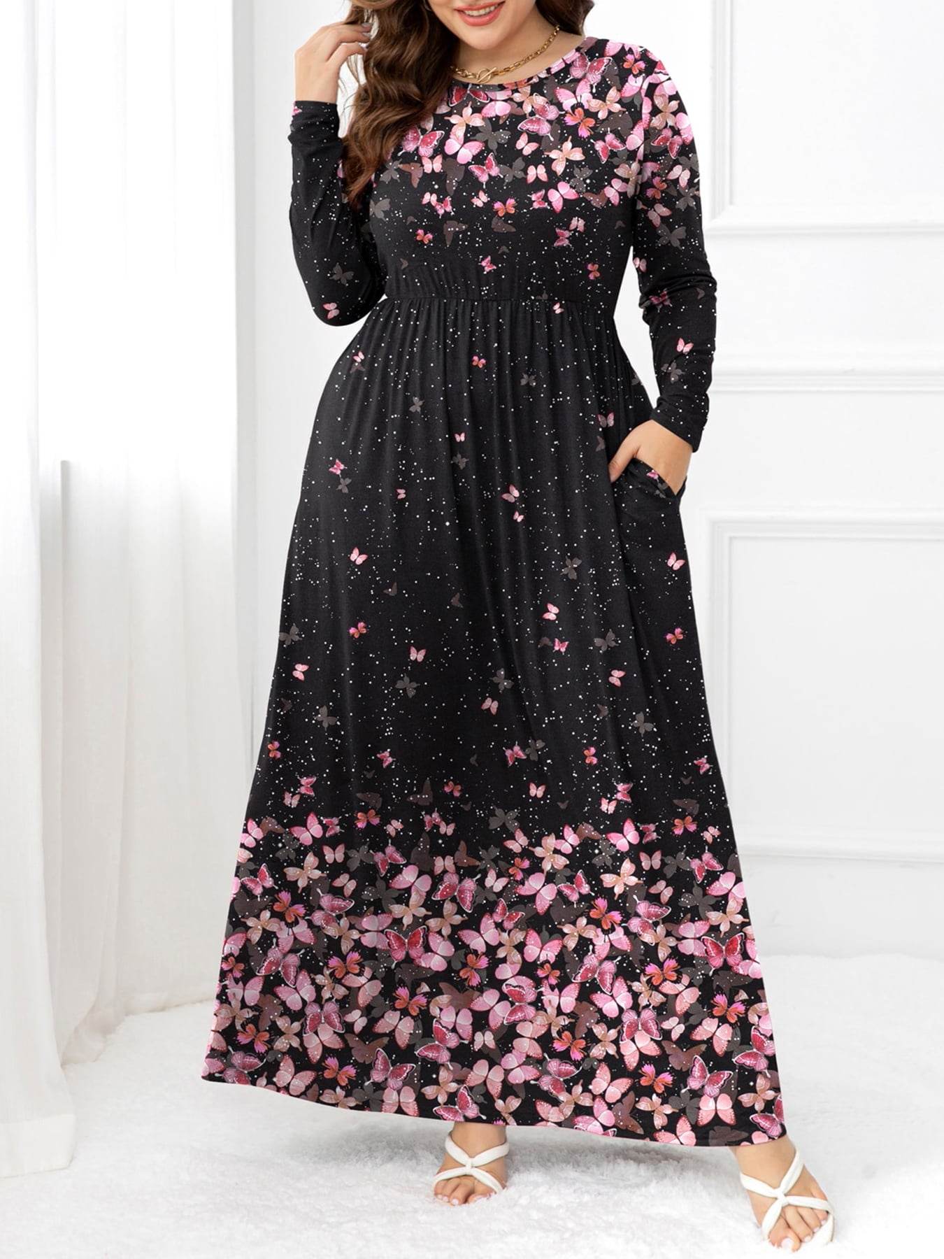 Plus Size Round Neck Maxi Dress with Pockets - Hovatok