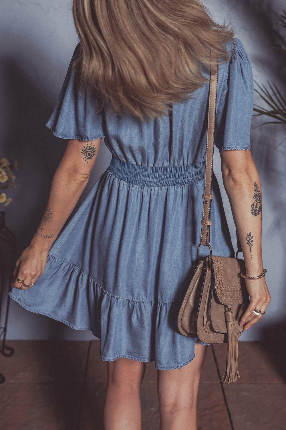 Ruffled Hem Smocked Flutter Sleeve Denim Mini Dress - Hovatok