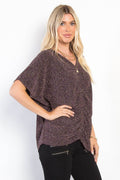 Be Stage Full Size Lurex Center Elastic Cinched Knit Top - Hovatok
