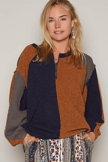 POL Color Block Half Zip Dropped Shoulder Sweatshirt - Hovatok