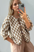Double Take Tied Checkered Dropped Shoulder Flounce Sleeve Cardigan - Hovatok