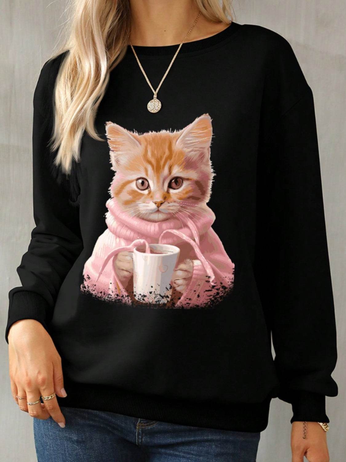 Cat Round Neck Long Sleeve Sweatshirt - Hovatok