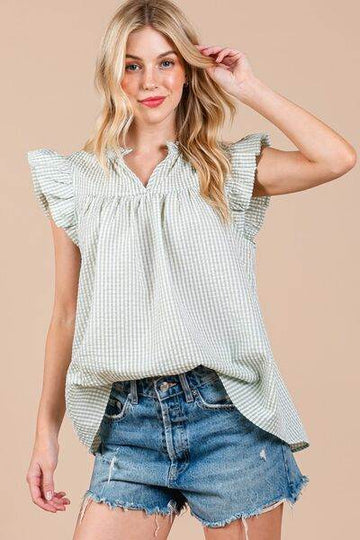 Ces Femme Plaid Notched Ruffled Cap Sleeve Blouse - Hovatok