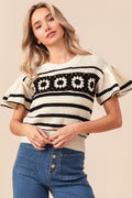 BiBi Granny Square Short Sleeve Striped Sweater - Hovatok