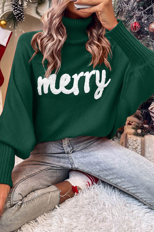 Double Take Full Size Merry Christmas Turtleneck Long Sleeve Sweater - Hovatok