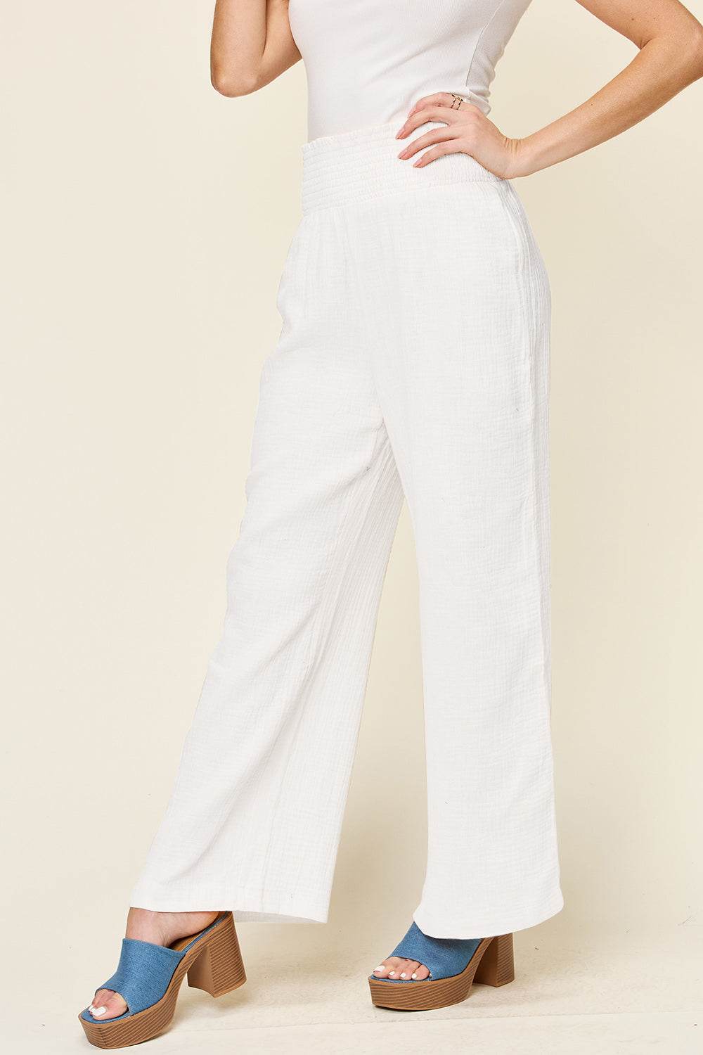 Double Take Full Size Texture Smocked Waist Wide Leg Pants - Hovatok