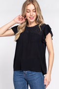 ACTIVE BASIC Ruffle Short Sleeve Crochet Blouse - Hovatok