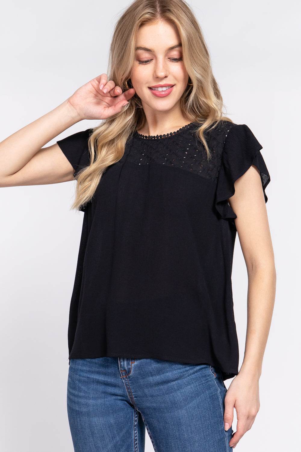 ACTIVE BASIC Ruffle Short Sleeve Crochet Blouse - Hovatok