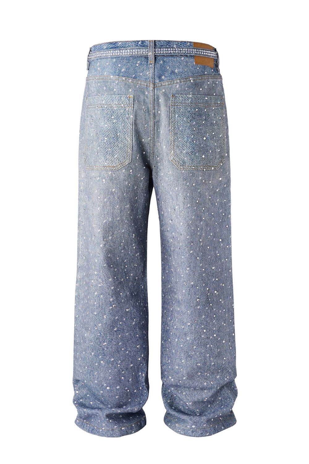 Men's Washed Rhinestone Jeans with Rhinestone Belt - Hovatok