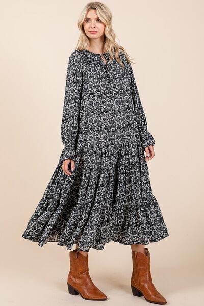Mittoshop Printed Tie Neck Flounce Sleeve Midi Dress - Hovatok