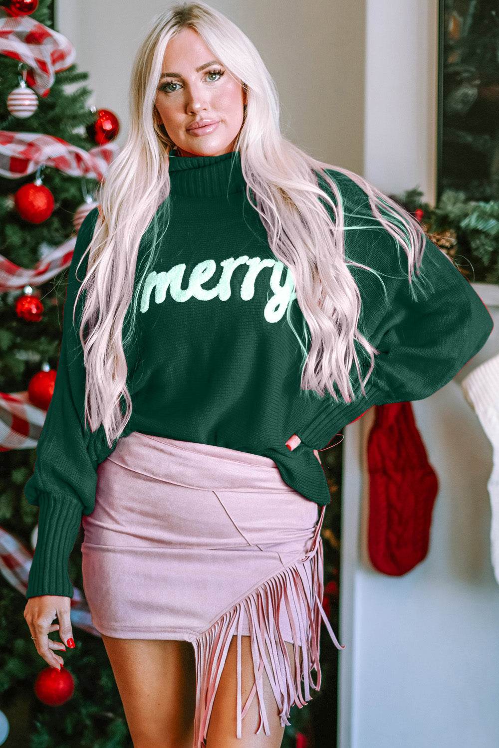 Double Take Full Size Merry Christmas Turtleneck Long Sleeve Sweater - Hovatok