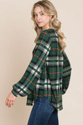 BOMBOM Curved Hem Plaid Round Neck Long Sleeve Top - Hovatok