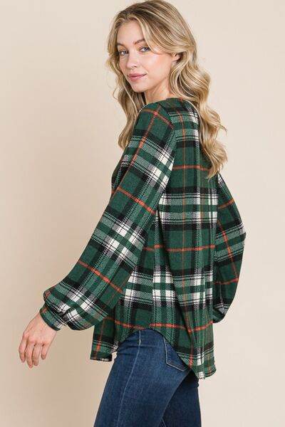 BOMBOM Curved Hem Plaid Round Neck Long Sleeve Top - Hovatok