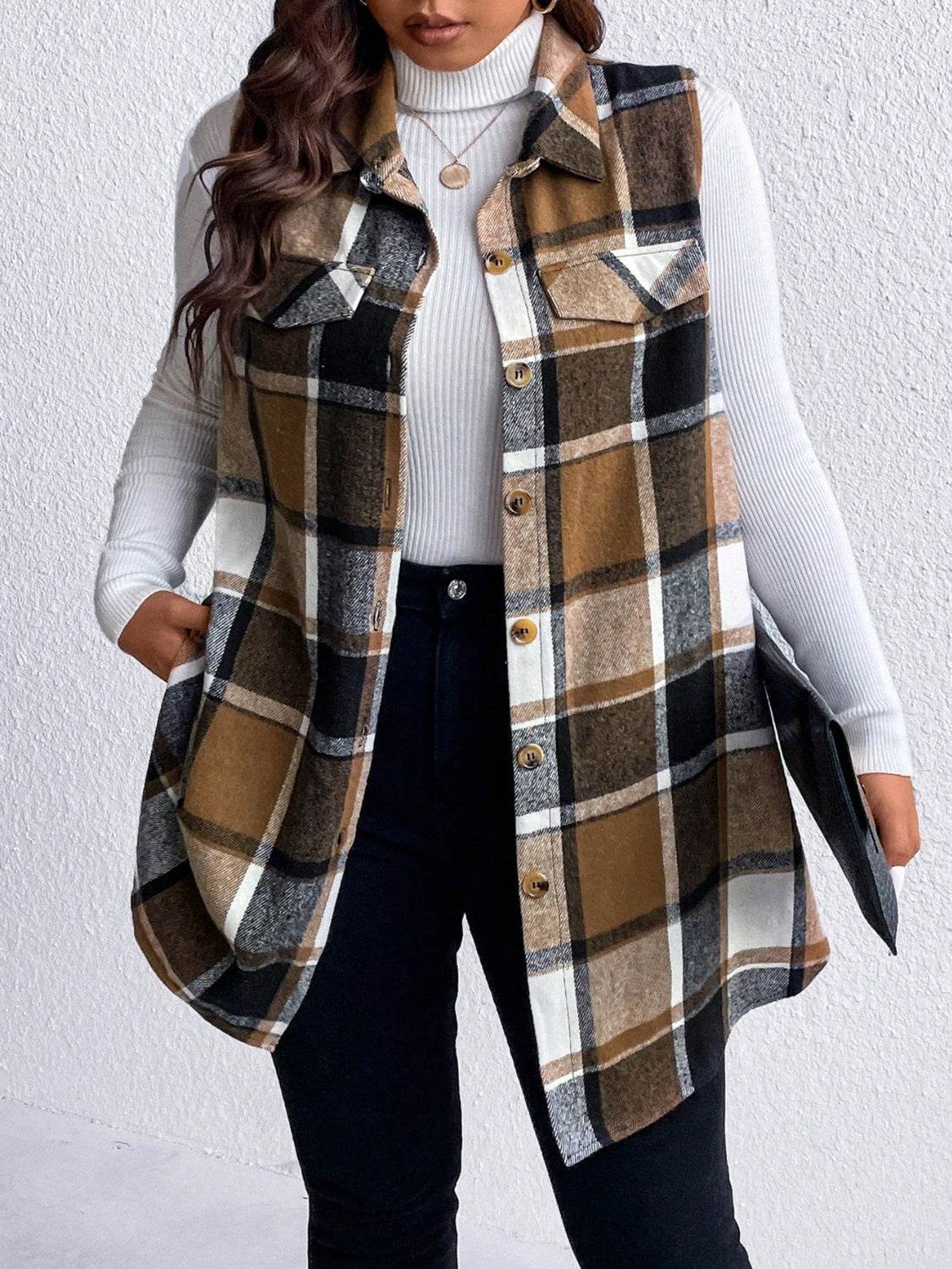 Honey Plus Size Pocketed Plaid Button Up Vest Coat - Hovatok