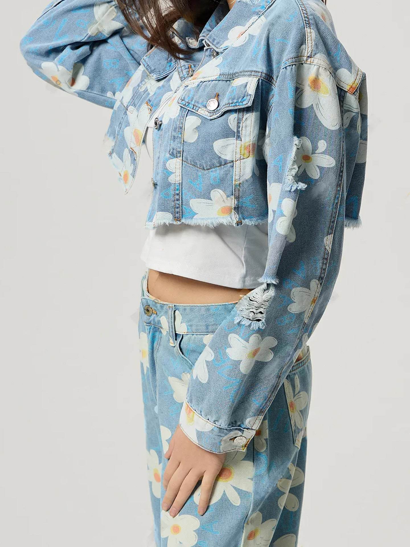 Distressed Raw Hem Floral Collared Neck Denim Top - Hovatok