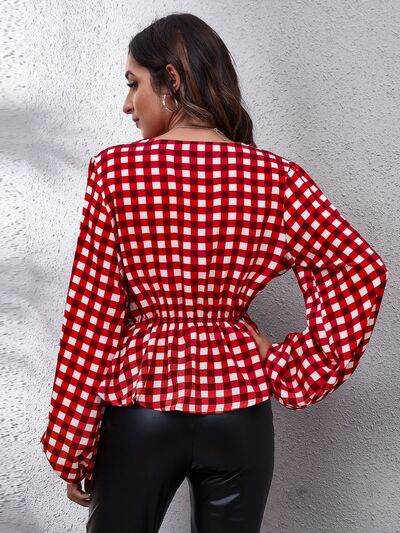 Plaid V-Neck Balloon Sleeve Peplum Blouse - Hovatok