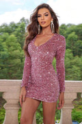 Sequin V-Neck Long Sleeve Mini Dress - Hovatok