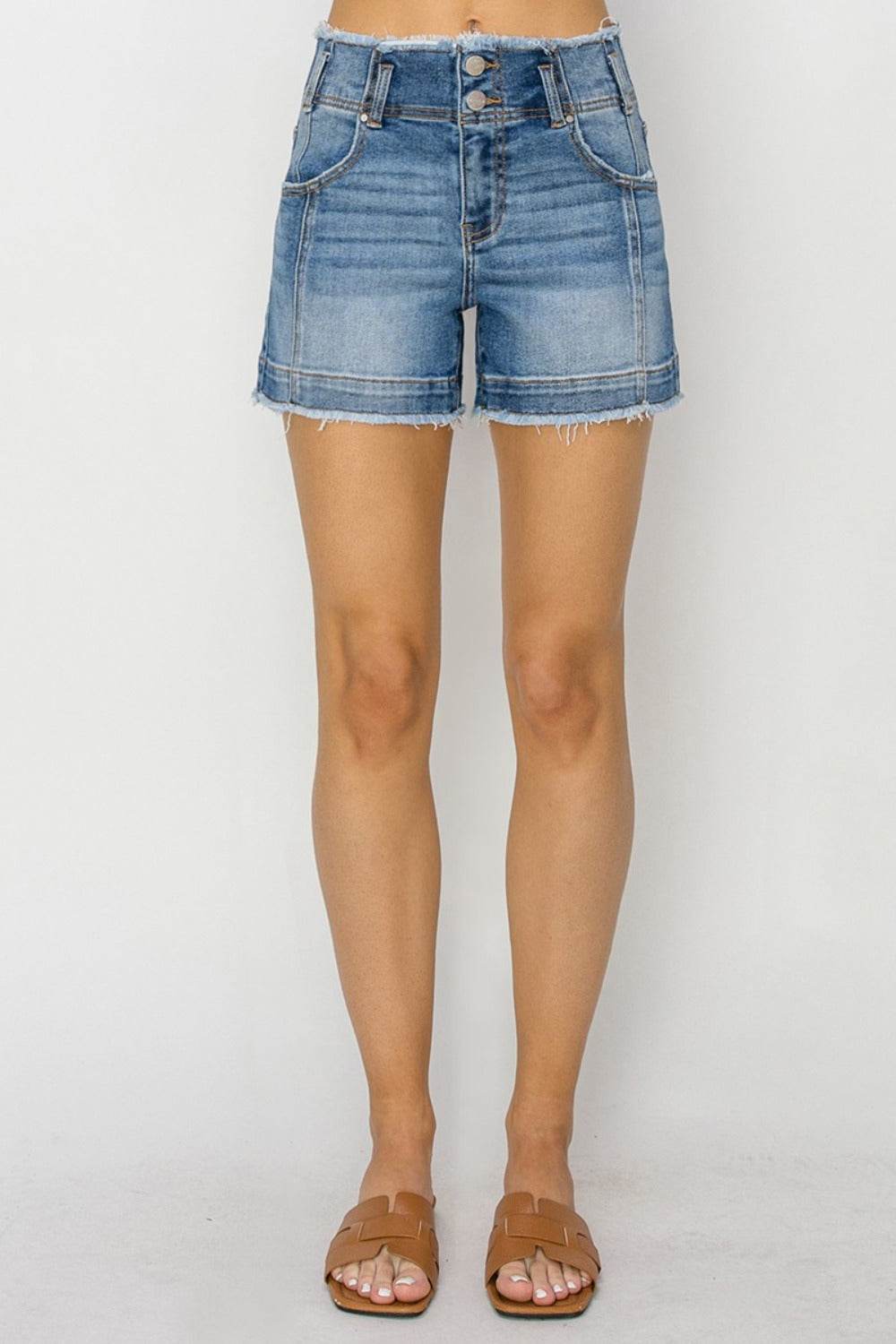 RISEN High Rise Seam Detailed Raw Edge Denim Shorts - Hovatok