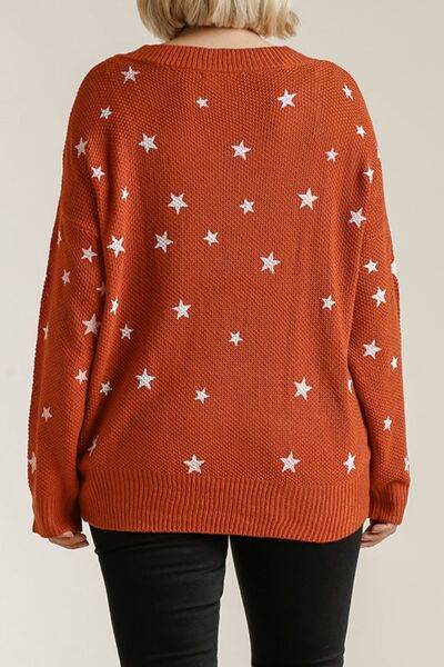 Umgee Full Size Star V-Neck Long Sleeve Sweater Plus Size - Hovatok