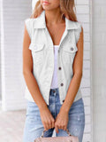 Full Size Button Down Raw Hem Sleeveless Denim Jacket Plus Size - Hovatok