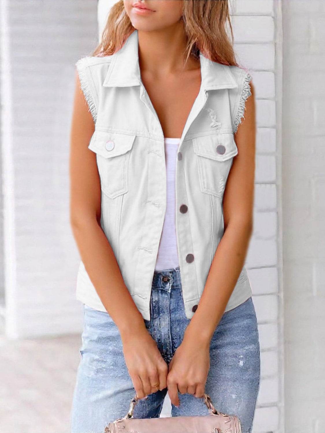 Full Size Button Down Raw Hem Sleeveless Denim Jacket Plus Size - Hovatok