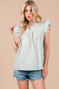 Ces Femme Plaid Notched Ruffled Cap Sleeve Blouse - Hovatok