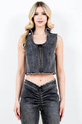 American Bazi Zip Up Washed Crop Denim Vest - Hovatok