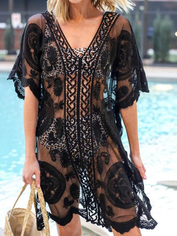 Lace V-Neck Half Sleeve Cover-Up - Hovatok