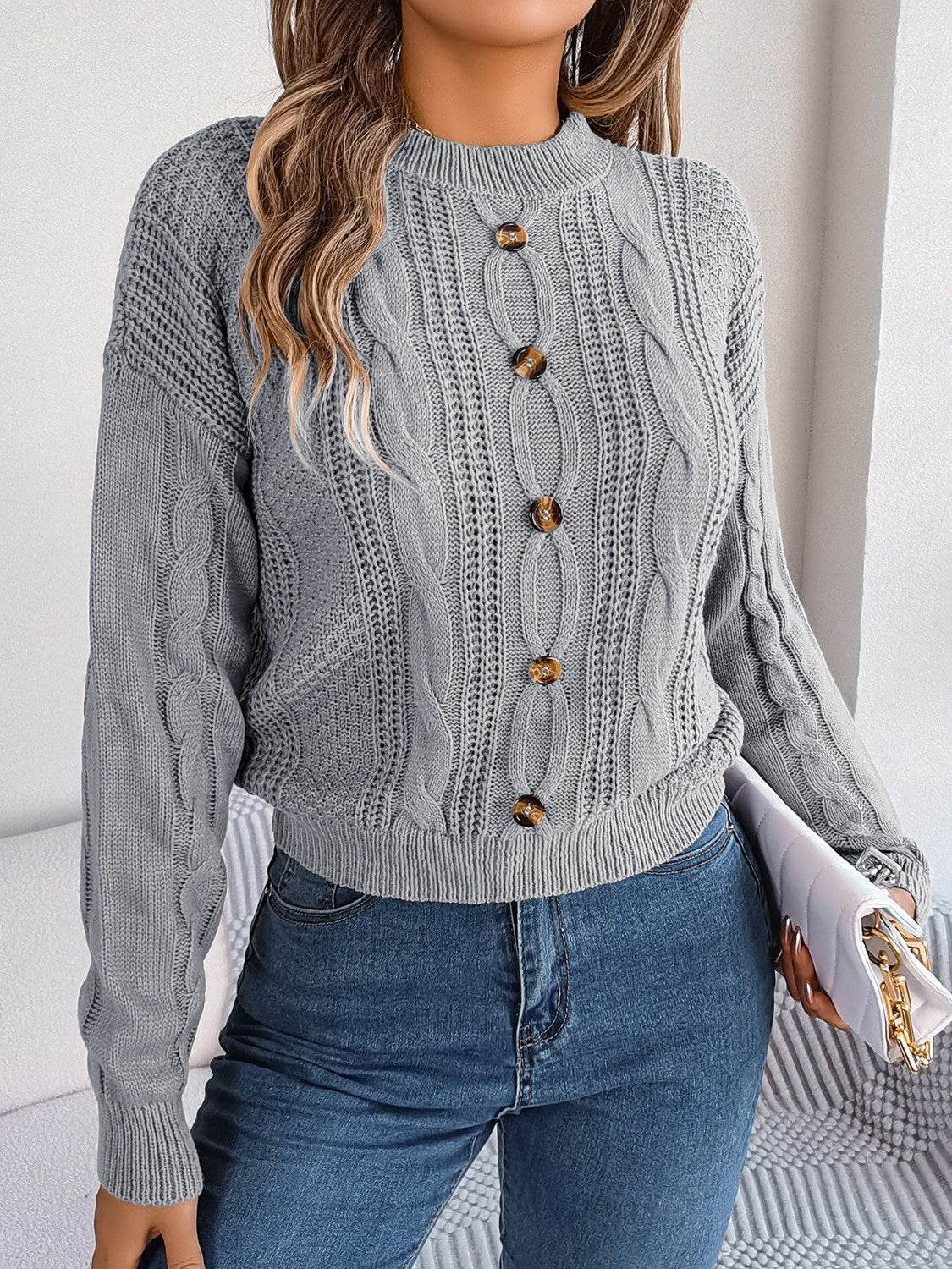 Cable-Knit Buttoned Round Neck Sweater - Hovatok