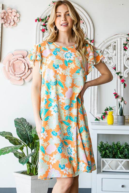 Heimish Full Size Ruffled Short Sleeve Floral Mini Dress Plus Size - Hovatok