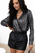 Sequin Surplice Long Sleeve Bodysuit - Hovatok