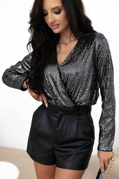 Sequin Surplice Long Sleeve Bodysuit - Hovatok