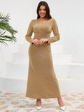 Ruched Round Neck Long Sleeve Dress - Hovatok