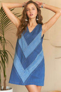 ADORA Chevron Color Block V-Neck Denim Dress - Hovatok