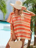 Angel Wings Tassel Openwork Striped V-Neck Cover Up - Hovatok