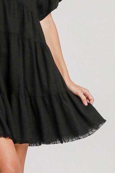 Umgee Full Size Raw Hem Folded Sleeve Tiered Dress Plus Size - Hovatok