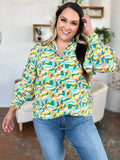 Double Take Full Size Printed Smocked Long Sleeve Blouse - Hovatok