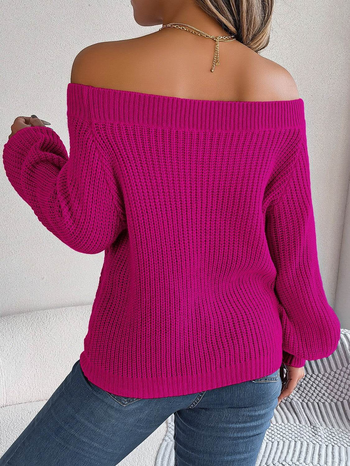 Openwork Off-Shoulder Long Sleeve Sweater - Hovatok