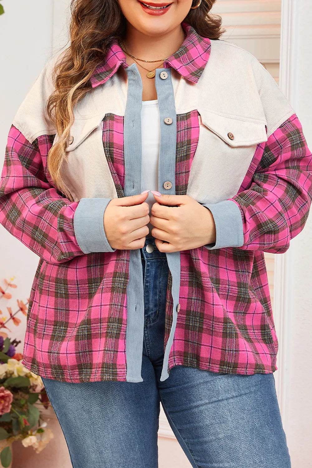 Plus Size Plaid Collared Neck Long Sleeve Shirt - Hovatok