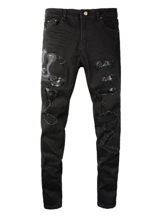 Men's Washed Snake Embroidered Slim Jeans - Hovatok