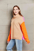 Angel Wings Color Block Turtleneck Slit Sweater - Hovatok