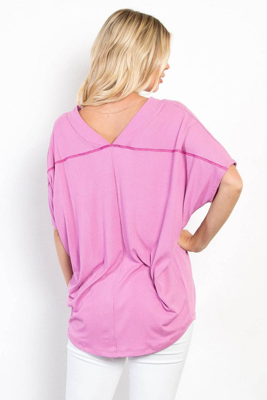 Be Stage Full Size V-Neck Short Sleeve Ribbed Top - Hovatok
