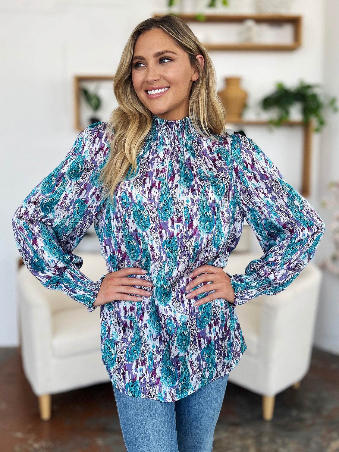 Double Take Full Size Printed Smocked Long Sleeve Blouse - Hovatok