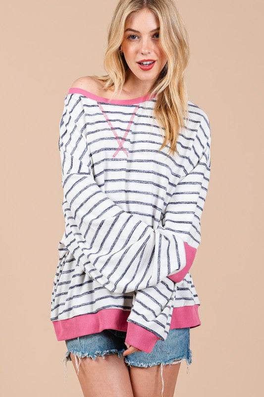 Ces Femme Striped Round Neck Drop Shoulder Sweatshirt - Hovatok