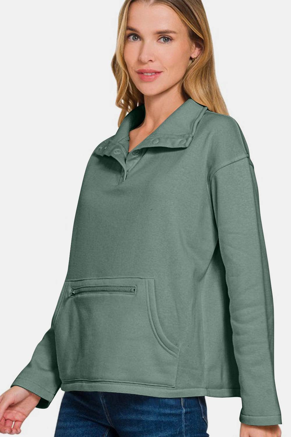 Zenana Turtleneck Half Snap Fleece Sweatshirt - Hovatok