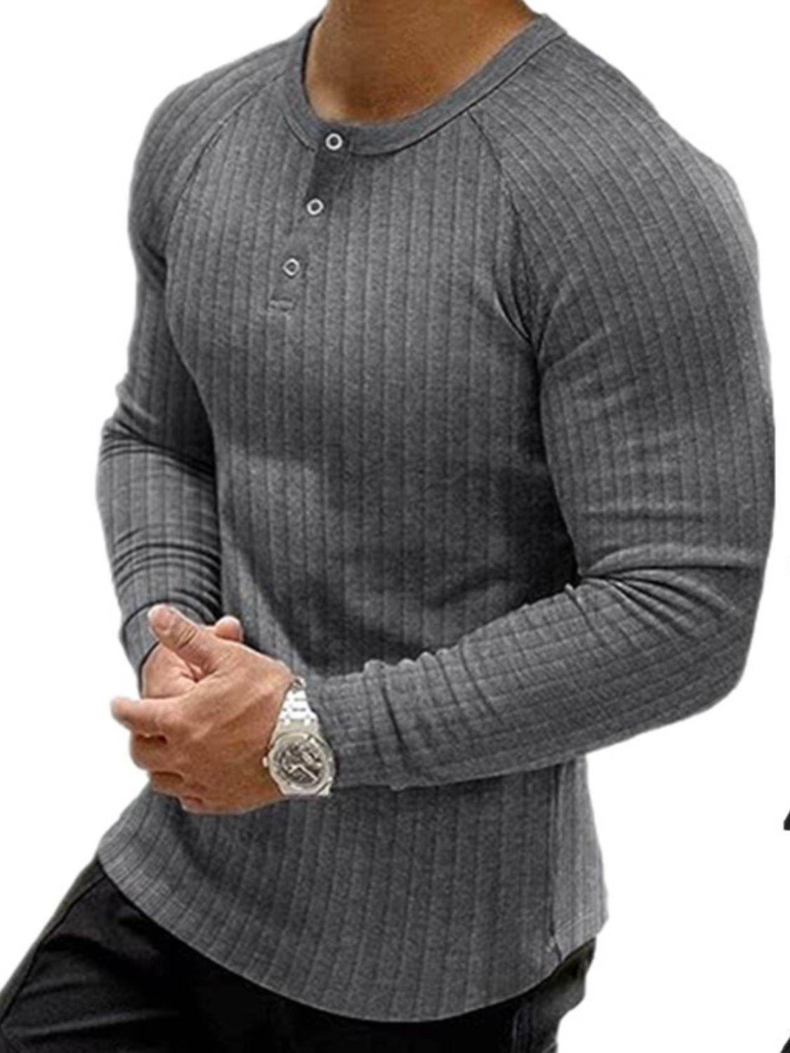 Men's Full Size Ribbed Round Neck Long Sleeve T-Shirt Plus Size - Hovatok